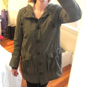 Olive green parka with faux fur hood